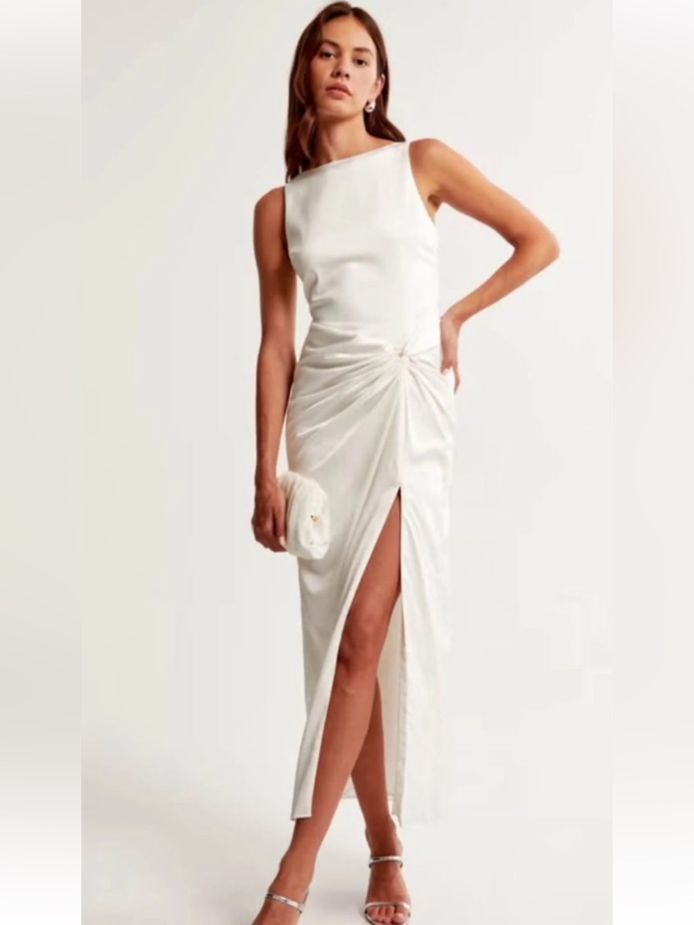 White Draped Satin Dress with Slit
